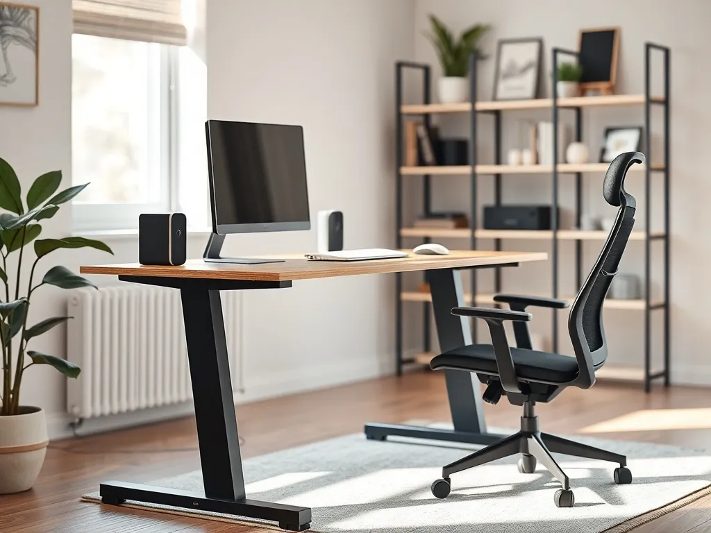 Nowoczesne biurko elektryczne w minimalistycznym domowym biurze, z ergonomicznym fotelem i uporządkowanym stanowiskiem pracy