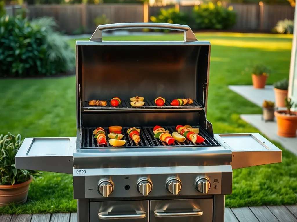 Nowoczesny grill gazowy na tarasie z kolorowymi warzywami i szaszłykami, idealny przykład modelu z rankingu grilli gazowych