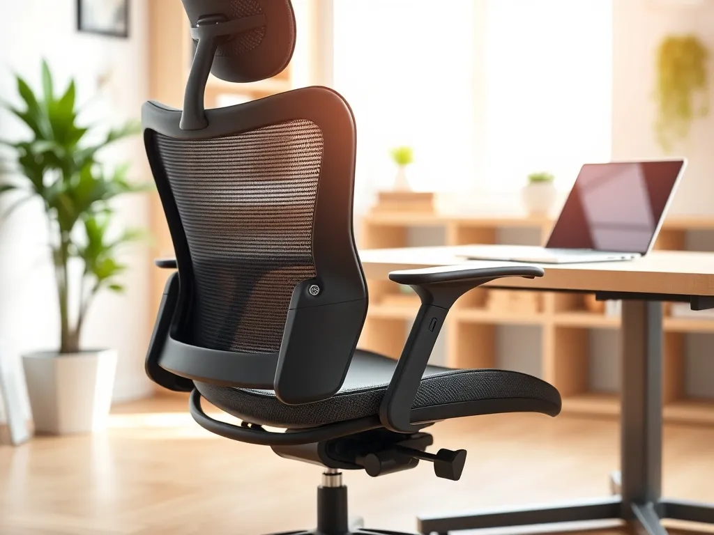 Ergonomiczny fotel biurowy z regulowanymi podłokietnikami przy biurku w jasnym, nowoczesnym home office.