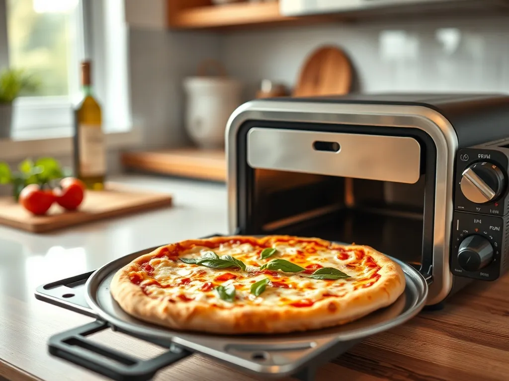 Domowa pizza wsuwana do kompaktowego pieca na blat w nowoczesnej kuchni, złocisty ser i świeża bazylia na wierzchu.