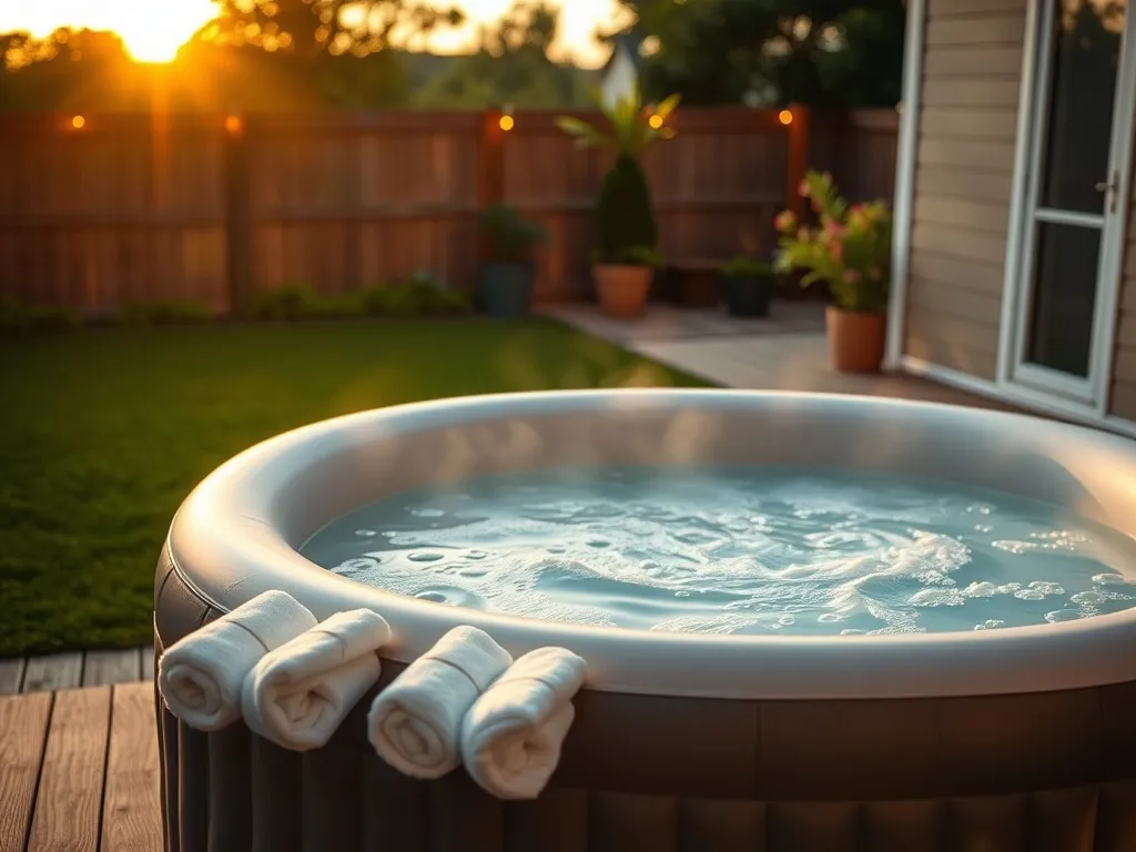 Nadmuchiwane jacuzzi ogrodowe na drewnianym tarasie o zmierzchu, z ciepłą wodą i ręcznikami, w przytulnej, nastrojowej aranżacji