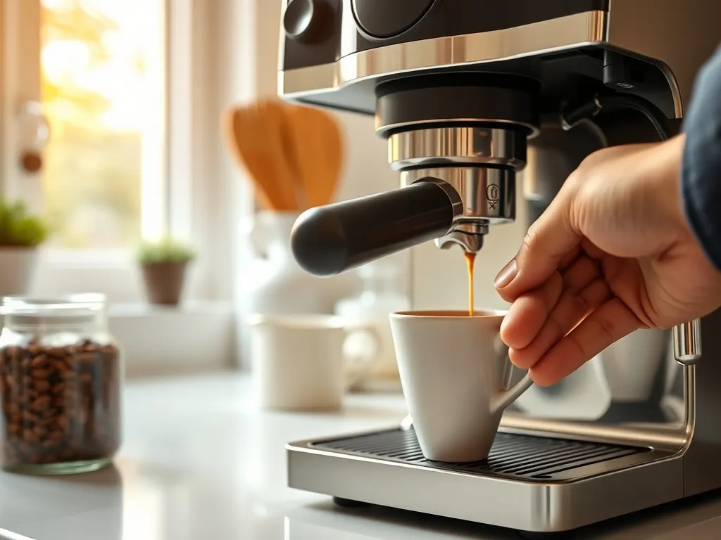 Domowy ekspres kolbowy podczas parzenia espresso z gęstą cremą, na tle przytulnej, jasnej kuchni.