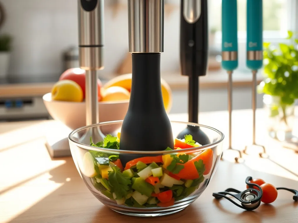 Nowoczesny blender ręczny miksujący kolorowe warzywa, w tle kilka modeli blenderów w przytulnej kuchni domowej.