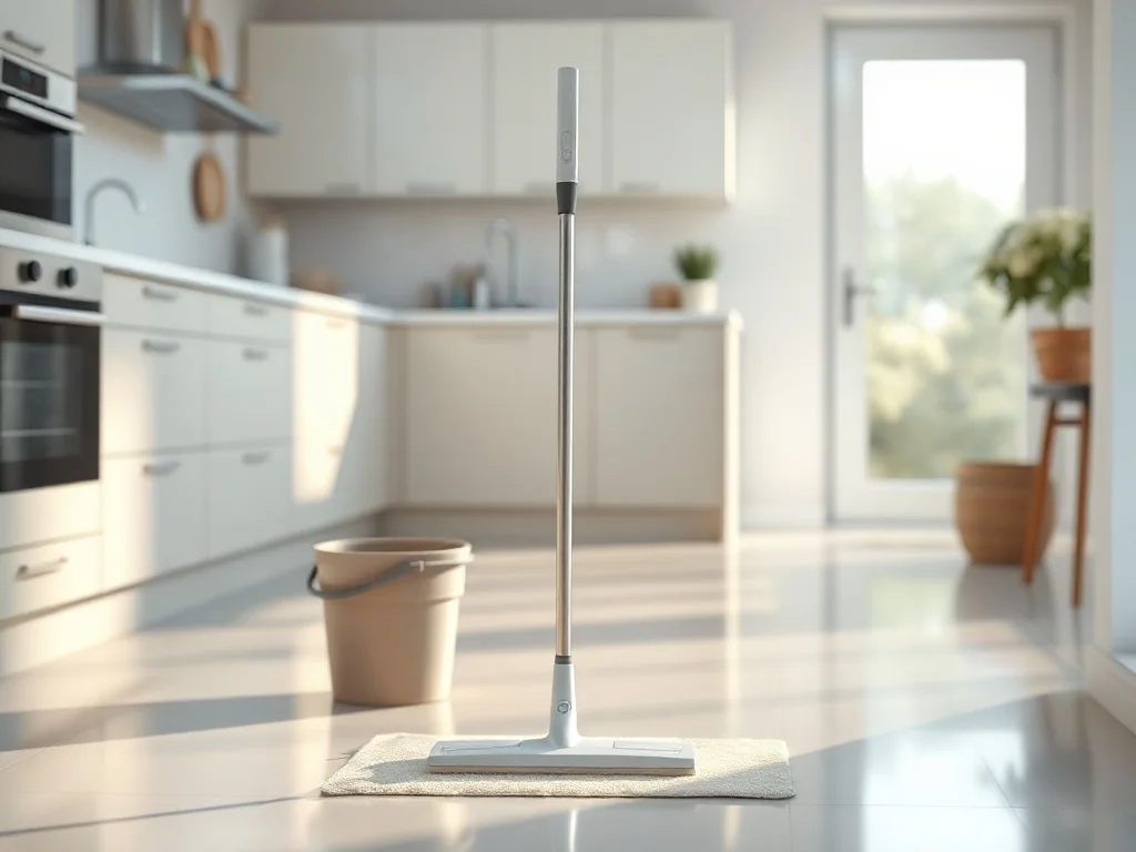 Nowoczesny bezprzewodowy mop elektryczny stojący na lśniącej podłodze w jasnej, minimalistycznej kuchni.