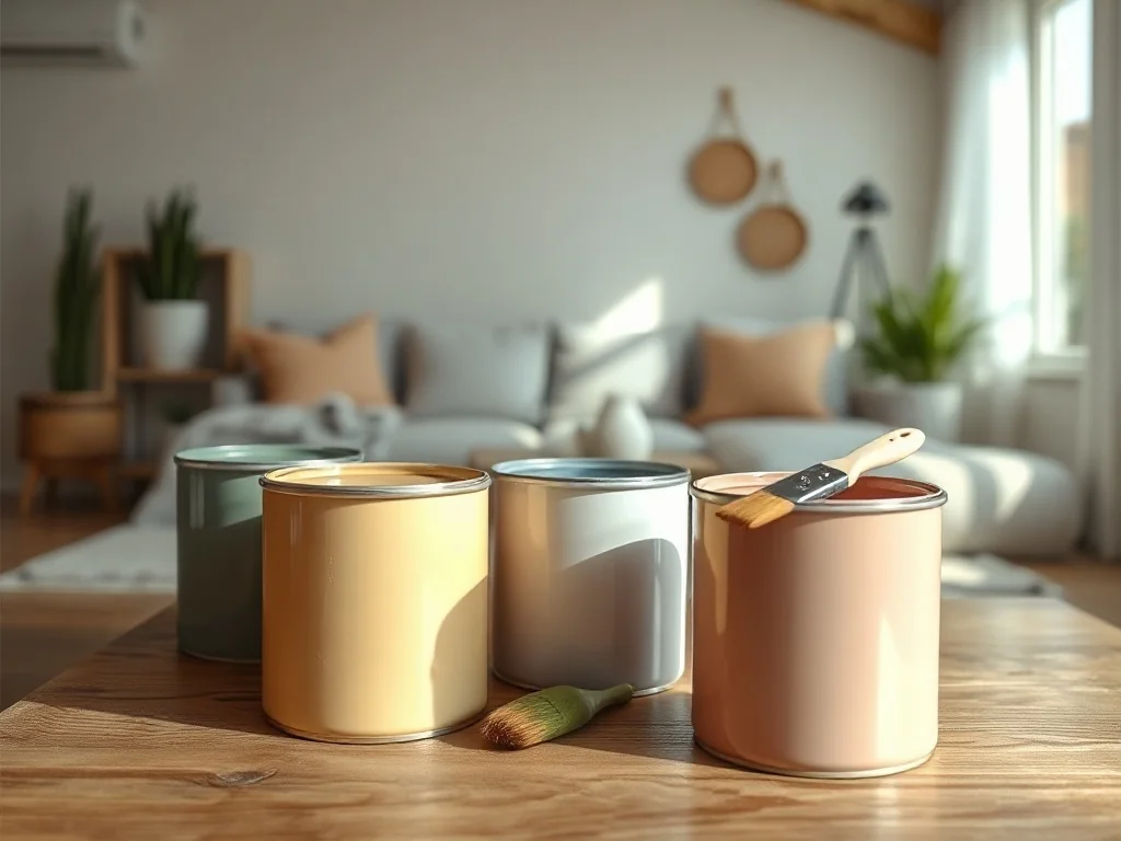 Otwarta puszka farby ceramicznej w pastelowych kolorach na stole, w tle jasny salon z częściowo pomalowaną ścianą.