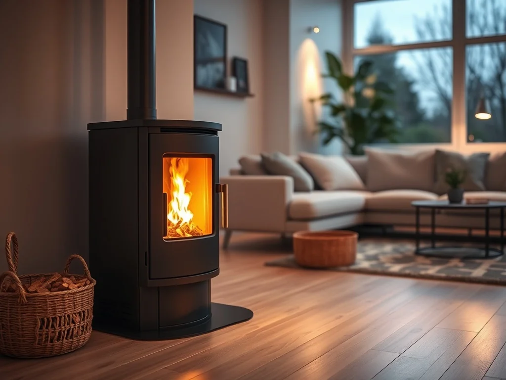 Kompaktowy piec na pellet 10 kW w nowoczesnym salonie, widoczne płomienie i kosz z pelletem, przytulna wieczorna atmosfera.