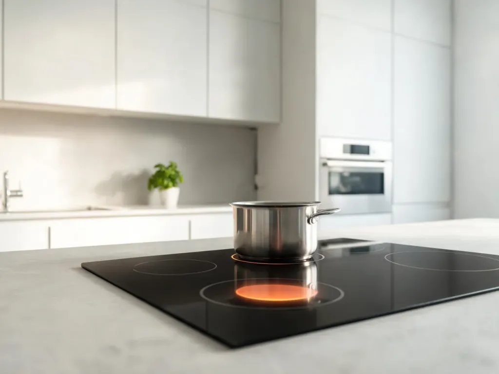 Elegancka czarna płyta indukcyjna w nowoczesnej kuchni, podkreślająca premium design i energooszczędne gotowanie.